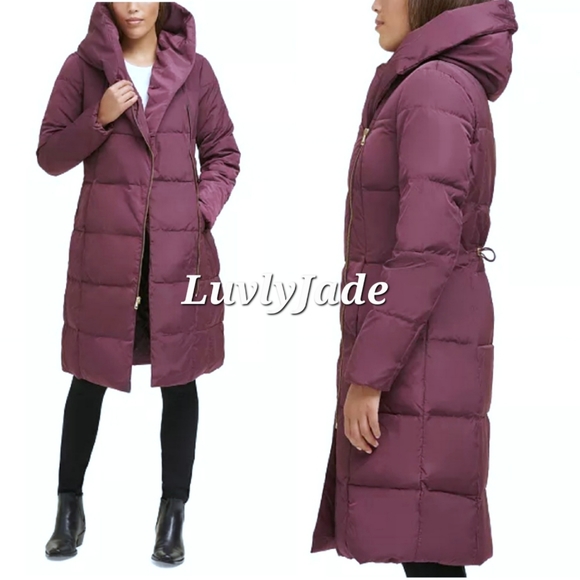 COLE HAAN Asymmetrical Pillow-Collar Down Puffer Coat Merlot Size XS NWT - Picture 1 of 11